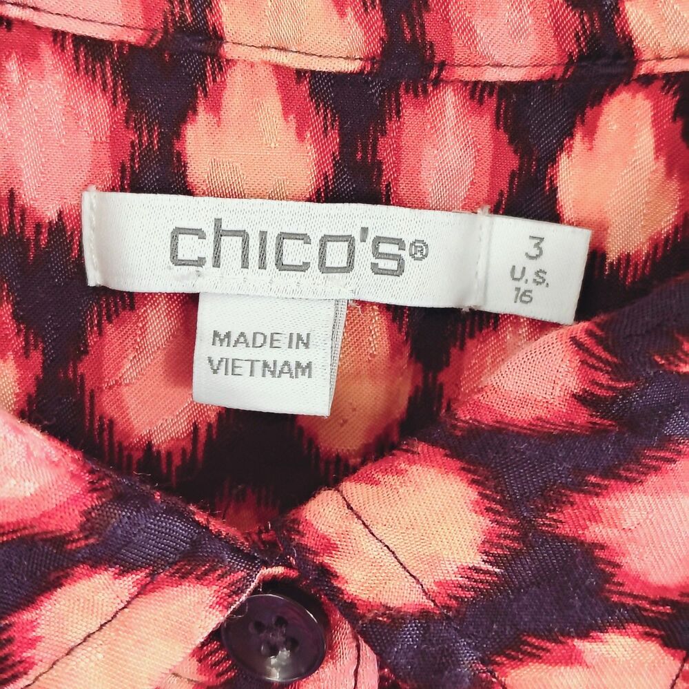 Chico’s Size 3 US 16 Pink Black Ikat Print Button Front Blouse Smocked Cuffs - Picture 4 of 8